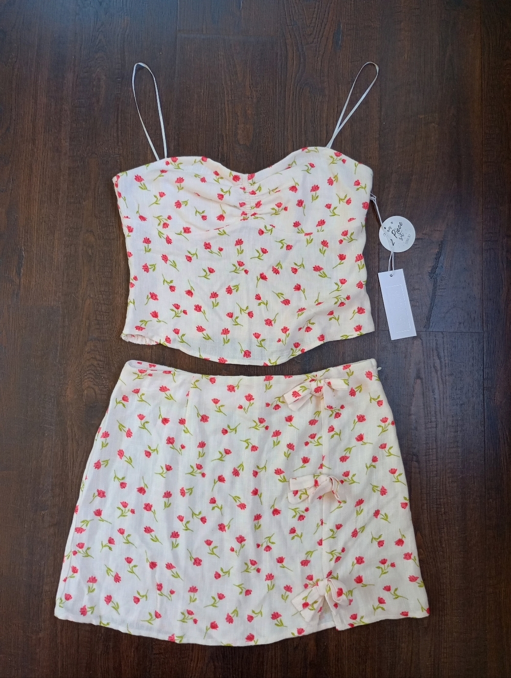 NWT White Floral Tube Top Skirt Set Linen Blend In Medium